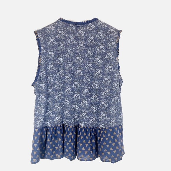 Lucky Brand Women's Floral Print Tank Blue Linen Blend Ruffle Size Large - Picture 2 of 5